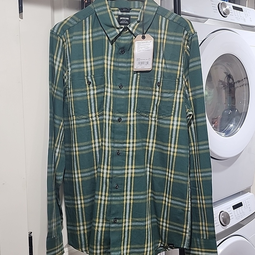 PrAna Men’s Shirt Long Sleeve Dolberg Flannel Soft Pine  Tall Button NWT ST ST